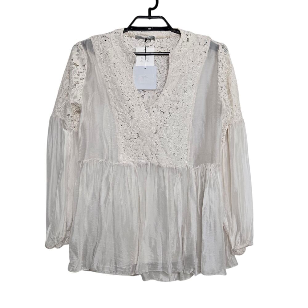 Tendenze Italian Silk Shirt Size Large Cream Boho Flowy V-Neck Romantic L/S Top